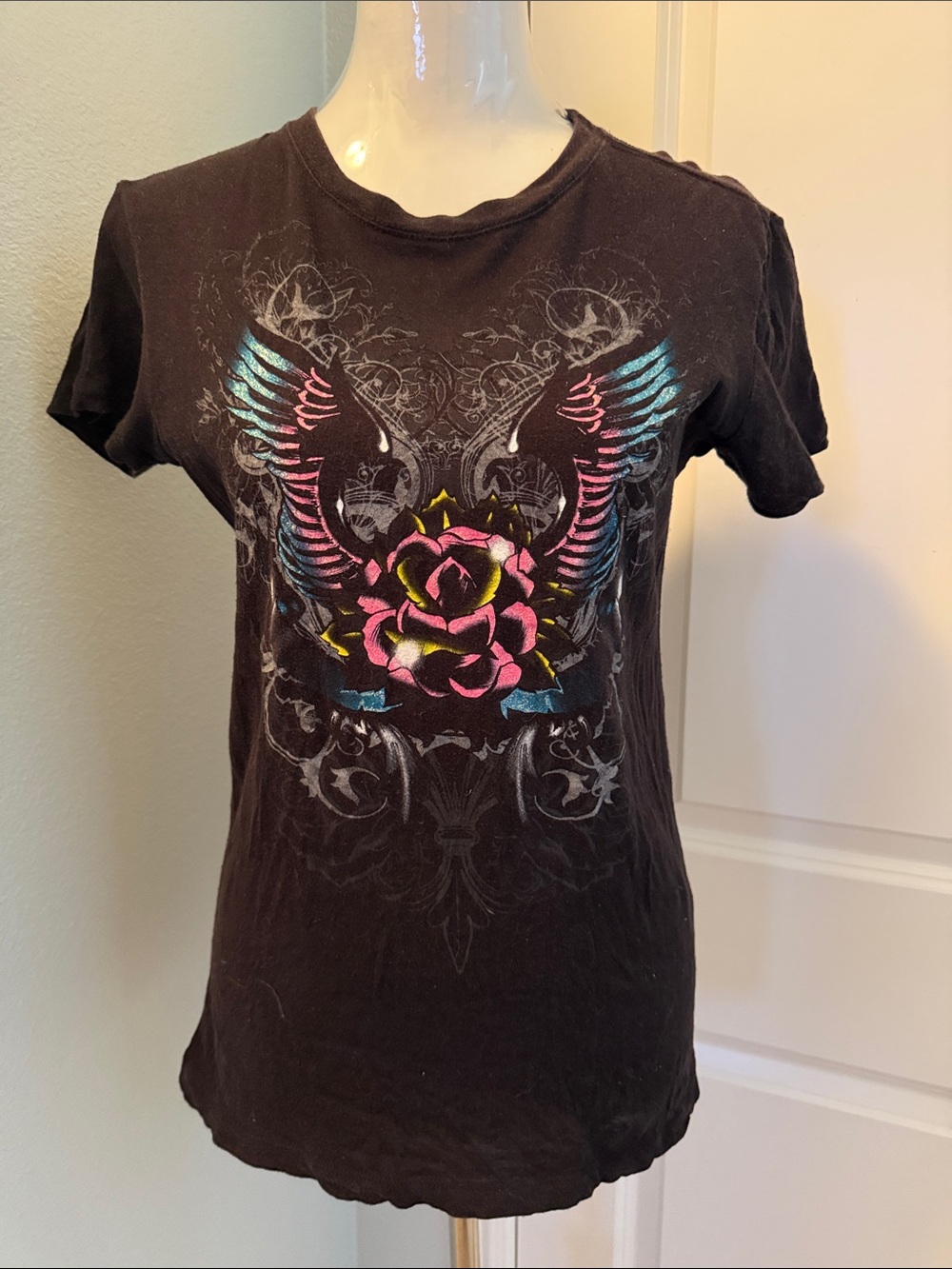 Black Tee with Pink Rose and Teal Wing Graphic